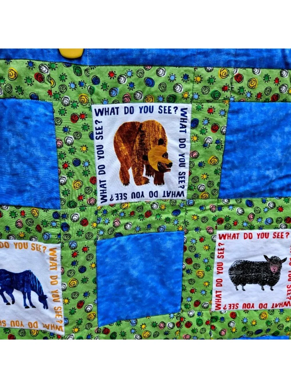 Vintage 90s Brown Bear What Do You See Baby Quilt Blue Green Cotton 39x32" Carle - Picture 11 of 12